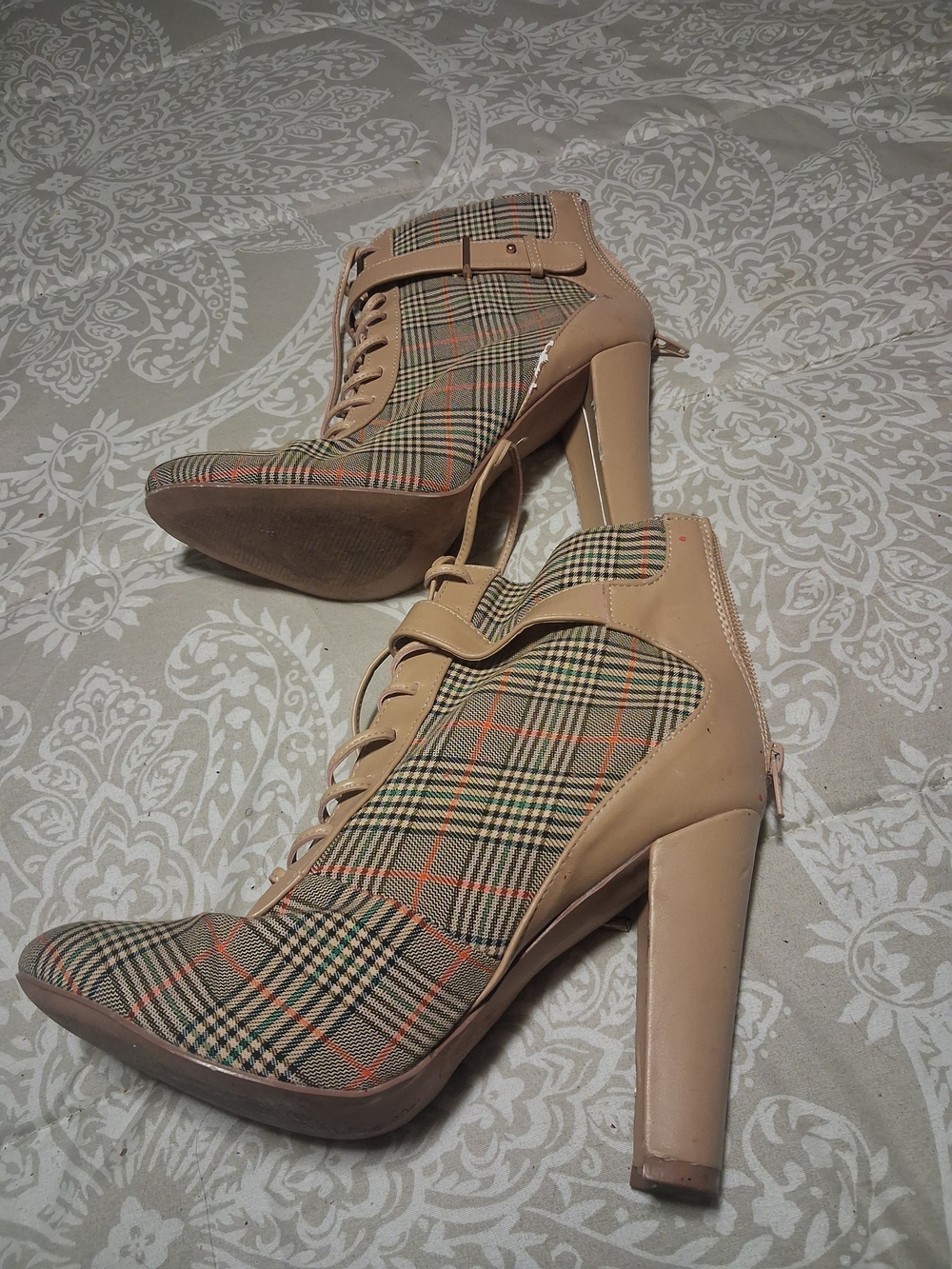 Beige Plaid High Heel Ankle Boots - Women's Fashion Size 10